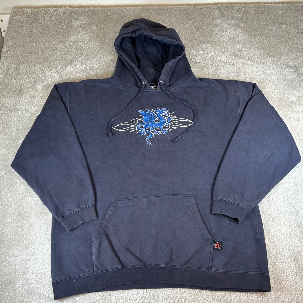 VTG‎ Y2K Top Heavy Dragon Hoodie Men's XL Navy Tribal Flame Embroidered Pullover